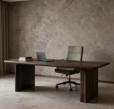 Foto de detalhe de design de interiores de um espaço de escritório de luxo no Brasil. Mesa minimalista feita de madeira escura carvão, uma cadeira de design em tecido verde suave e uma parede com texturas cinza quente. Iluminação de estúdio profissional, atmosfera elegante e convidativa. Contexto sul-americano / brasileiro.