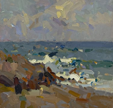 A close-up photograph of an oil painting on canvas. The brushstrokes are thick and expressive, showing a landscape where the sea meets the sky. The palette uses vibrant colors balanced with muted brown and dark slate grey accents. The lighting catches the physical texture of the paint, creating a powerful and organic feel.