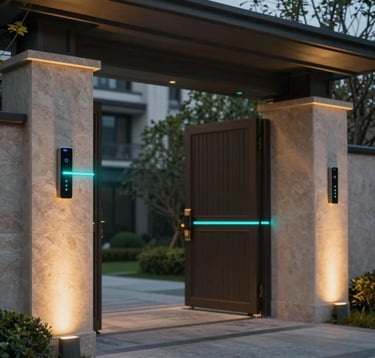 Modern villa entrance gate at night with integrated high-tech facial recognition camera. The stone pillars are illuminated by soft gold #A8875D spots. A sleek teal #2E7D8A glowing line indicates the system is active. High security meets high style.