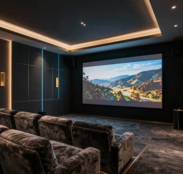 A luxury home cinema room in a modern villa. Dark acoustic wall panels with subtle teal light strips. Plush, oversized seating. A massive, high-definition screen displaying a cinematic landscape. The lighting is moody and exclusive, featuring gold #A8875D hardware accents.
