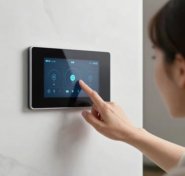 A hand interacting with an elegant wall-mounted smart touch panel. The panel is minimalist glass on a white marble wall. The interface shows lighting levels and motorized blind controls with teal icons. High-tech, polished aesthetic in a luxury setting.