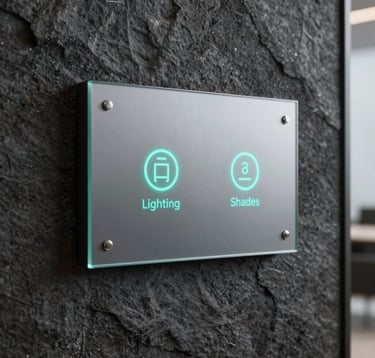 A minimalist, wall-mounted glass touch panel with a satin metallic finish. Small, elegant icons for 'Lighting' and 'Shades' glow with a soft teal light. The panel is set against a dark, textured stone wall in a modern luxury office.