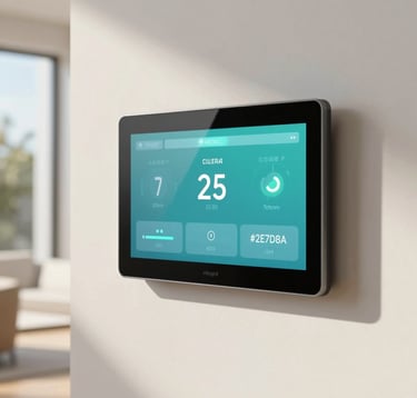 A close-up of a high-tech climate control interface on a minimalist wall. The room is a bright, sun-drenched villa interior with soft shadows. The screen shows a sleek UI with teal accents (#2E7D8A), emphasizing intuitive climate management in a high-end environment.