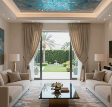 Wide shot of a luxury villa living room in Dubai. Sophisticated automated drapery in a champagne hue is half-closed, revealing a manicured garden. Soft iridescent blue #0F1A2B and teal #2E7D8A highlights shimmer across the ceiling. Polished luxury style.