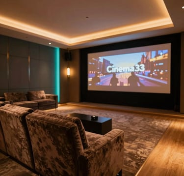 A luxury home cinema room in a Dubai penthouse. Deep velvet seating, ambient orange-gold floor lighting, and a large screen. In the foreground, a wall panel shows the 'Cinema' scene activated, dimming the teal accent lights. Sophisticated and opulent mood.