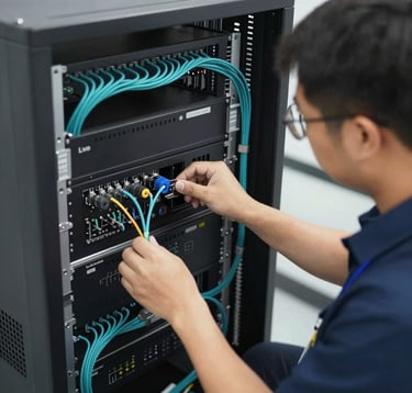 Expert technician in a clean, high-tech environment working on a sophisticated AV rack with organized teal wiring. The shot is high-angle and professional, emphasizing the precision of Liv Aura's installations in #0F1A2B and #2E7D8A.