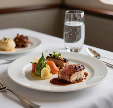 Close-up of a perfectly plated gourmet meal on a private jet tray table. Features fresh ingredients, elegant silverware, and a glass of sparkling water. Soft, warm lighting highlighting textures. Sophisticated aesthetic.