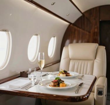 Interior of a luxury private jet cabin with a beautifully set table featuring champagne, fine glassware, and a gourmet dish. Sophisticated ambient lighting highlighting the premium textures of the leather and wood.