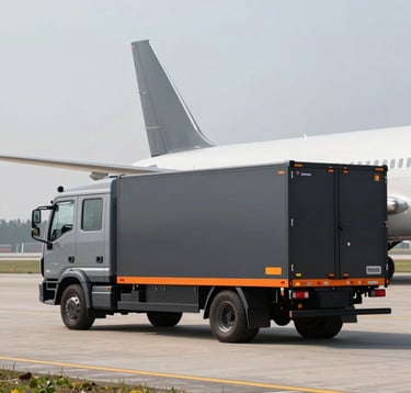 A sophisticated logistics vehicle elegantly supplying an aircraft with fresh catering supplies on the runway. Modern composition, sharp focus, capturing efficiency. Colors include sleek grays (#666666), black (#121212), and hints of vibrant orange (#D9531E).
