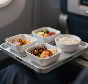 High-quality, professional in-flight meal trays arranged elegantly for a commercial flight. Minimalist, clean setup on a dark background (#121212) with light gray (#F5F5F5) details and warm, sophisticated lighting.