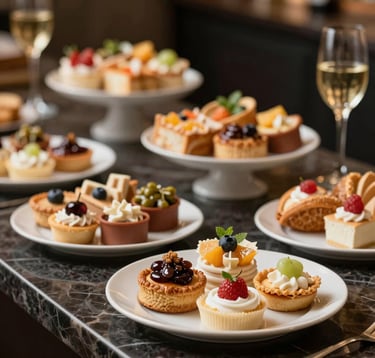 Elegant presentation of snacks and beverages arranged on a dark marble surface, professional lighting highlighting textures and fresh ingredients, aviation-inspired luxury catering.