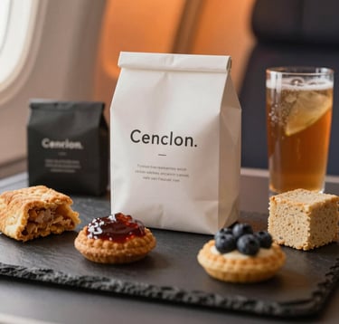 Close-up of premium airline snacks and a selection of artisan beverages. The packaging is minimalist and sophisticated, arranged on a dark slate surface with warm orange highlights in the background.