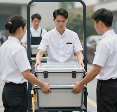 A group of professional catering experts in clean, modern uniforms carefully loading temperature-controlled containers onto a high-loader. Professional, sharp lighting with a focus on hygiene and precision.
