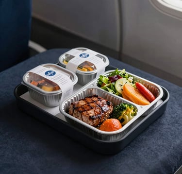 Top-down view of a high-end airline meal: grilled protein, colorful vegetables, and a side salad, presented in premium sustainable packaging. Studio lighting, dark background #121212.