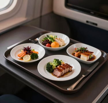 A top-down view of a gourmet commercial flight meal tray, featuring fresh ingredients, modern minimalist plating, and elegant cutlery, set against a dark, textured background with soft orange lighting.