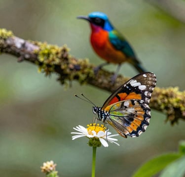 A stunning macro photograph of a rare, colorful Himalayan butterfly resting on a wildflower. In the blurred background, a exotic bird with vibrant plumage is perched on a mossy branch. The lighting is soft and dappled, filtering through a sage green forest canopy.