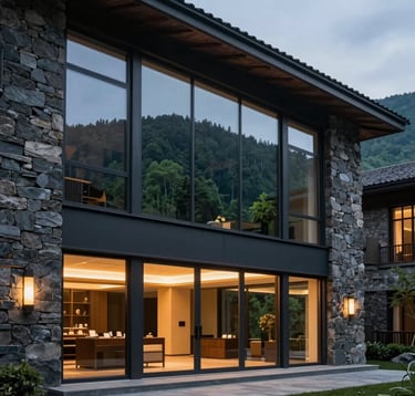 Exterior architectural photography of a luxurious 5-star mountain resort at dusk. The building features large glass windows reflecting the deep sea green forest. Soft, warm interior lighting glows against the dark slate grey stone facade.
