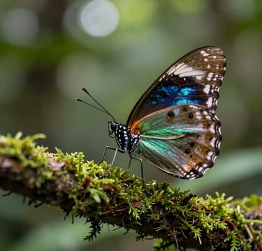 Macro photography of a rare Himalayan butterfly with iridescent wings perched on a mossy branch in the Godawari jungle, deep sage green forest bokeh background, dappled sunlight filtering through trees.
