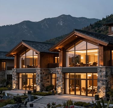 An architectural photograph of a luxury 5-star resort at dusk. Warm lights glow from large glass windows, reflecting a sophisticated interior. The exterior features natural stone and wood, blending into the dark slate grey mountainside. A refined, peaceful atmosphere.