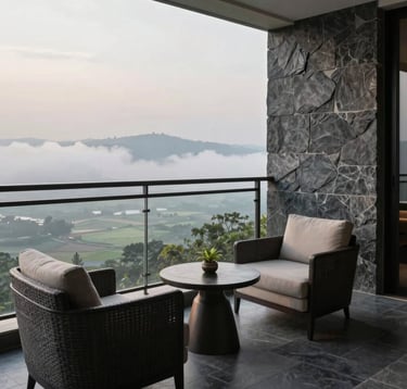 High-end 5-star resort balcony in Godawari overlooking the clouds and the distant Tarai plains, elegant furniture, stone textures in dark slate grey, luxurious atmosphere, soft natural morning lighting.