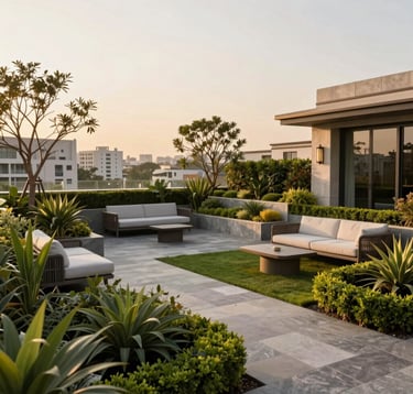 An expansive terrace garden with professional architectural landscaping on a luxury apartment roof. Features manicured greenery, stone pathways, and contemporary outdoor furniture. Golden hour lighting creates a warm, trusted atmosphere in an Indian urban setting.