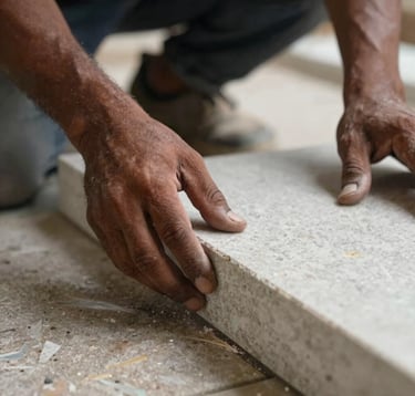 Close-up detail shot of high-quality construction materials and architectural finishing. Hands of a skilled professional South Asian / Indian worker examining a premium stone surface. Conveys craftsmanship and trust.
