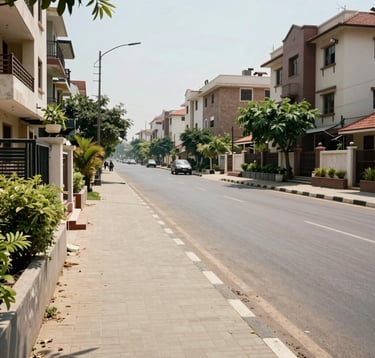A wide street view of a prestigious neighborhood in Ranchi near DPS, featuring clean sidewalks and modern urban planning, bright daylight, South Asian / Indian residential setting.