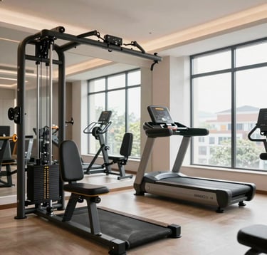 An interior shot of a high-end, modern home gymnasium with state-of-the-art equipment, bright natural lighting through large windows, and clean contemporary design, South Asian / Indian apartment amenity style.
