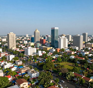 Daytime wide-angle photography of the vibrant Ranchi cityscape from a high-rise perspective, focusing on the developed Argora area. Clear blue sky, modern infrastructure, and lush green patches typical of a South Asian premium residential neighborhood.