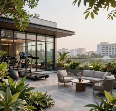 A high-end rooftop terrace garden scene in a premium residential project. The background shows a modern gym with floor-to-ceiling glass windows. Lush green plants and elegant outdoor furniture create a serene atmosphere. Soft morning light over a South Asian / Indian urban landscape.