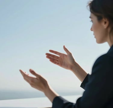 A professional setting showing a woman's hands gestured as if explaining a complex strategy over a clean table. The lighting is soft sky blue, conveying a human-centric but authoritative expertise.