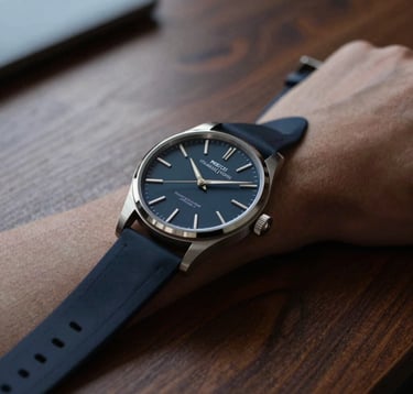 A minimalist, close-up shot of a luxury watch on a wrist, resting on a dark wood boardroom table. The lighting is focused and dramatic, highlighting quality and precision. Colors: Deep Midnight Navy and Slate Steel Blue.