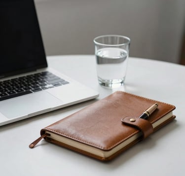 A minimalist, high-end desk scene with a slim laptop, a premium leather notebook, and an expensive pen. A single glass of water catches the light. The background is a soft-focus mist grey wall. The image represents focus and mental clarity.