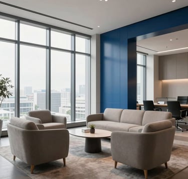 An elegant, minimalist interior of a modern office lounge. High-end design, neutral tones, featuring strategic steel blue accents and large windows with soft daylight.