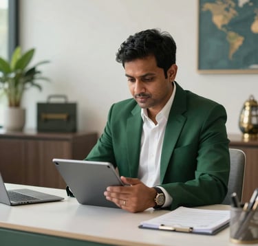 A professional South Asian / Indian travel consultant in a modern, elegant office setting in Gaya. The person is engaging with a digital tablet, surrounded by high-end travel decor. The color scheme features deep forest green and pearl white accents.