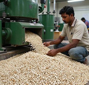 A professional manufacturing facility in a South Asian / Indian setting where workers are carefully sorting high-quality Makhana. The scene is lit with clean, bright light, highlighting the dark forest green industrial elements and natural off-white products.