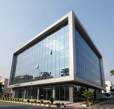 An architectural photograph of a modern corporate branch office in a South Asian / Indian city environment like Patna. The building features clean lines and a professional glass facade, reflecting the sky and surrounding greenery.