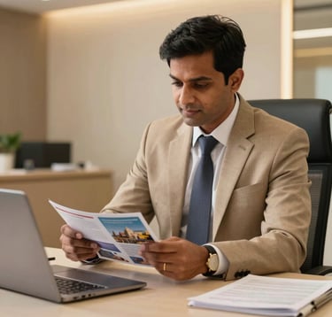 A professional South Asian / Indian travel consultant in a modern Patna office, dressed in elegant business attire, assisting a client with travel brochures under soft, warm lighting that accentuates the sand beige and gold interior tones.