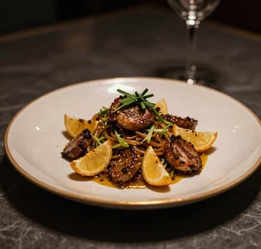 Close-up of a beautifully plated gourmet Moroccan dish in a high-end restaurant setting. The lighting is warm and dramatic, highlighting Muted Gold details on the ceramic plate. Dark Charcoal shadows in the background suggest an intimate, sophisticated atmosphere.
