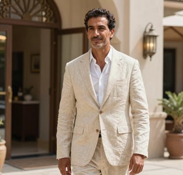 A portrait of a professional man in his 40s in a North African / Moroccan city setting. He wears a tailored linen suit in Soft Cream and stands near the entrance of a luxury boutique hotel. The lighting is bright and natural.