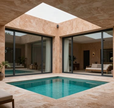 A professional interior photograph of a modern, minimalist villa in Marrakech. Large glass walls open onto a courtyard with a turquoise pool. The architecture uses Soft Sand textures and Dark Charcoal metal frames, reflecting an exclusive investment opportunity.