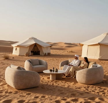 A minimalist, high-end photograph of a luxury desert camp in the Agafay desert under a clear sky. Modern furniture with soft sand and muted gold textiles. A stylish couple relaxing in a North African / Moroccan environment. Soft, golden hour lighting.