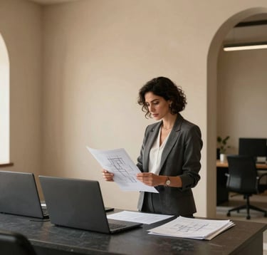 A professional woman in her 30s in a modern North African / Moroccan office with minimalist design. She is looking at architectural plans. The space features Warm Beige walls and Dark Charcoal accents.