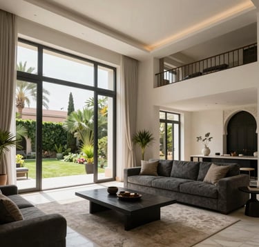An interior shot of a modern luxury villa in Marrakech. Clean lines, high ceilings, and floor-to-ceiling windows looking out onto a lush garden. The decor uses a palette of creamy off-white and dark charcoal. North African / Moroccan upscale architecture.