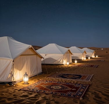 A luxury desert camp scene in Agafay at night. Elegant white tents are illuminated by Ivory White lanterns. The ground is covered in traditional North African / Moroccan carpets in Muted Gold tones. A clear starry sky stretches above the vast, silent landscape.
