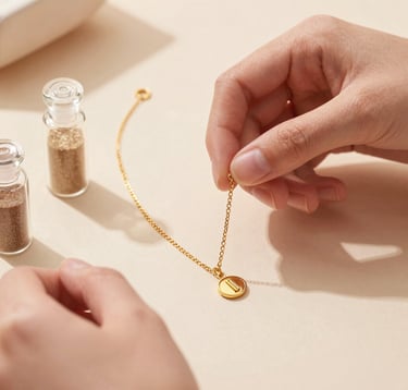 Close-up of artisan hands carefully placing golden charms onto a delicate chain next to tiny glass vials of natural sand, soft shadow, warm editorial lighting.