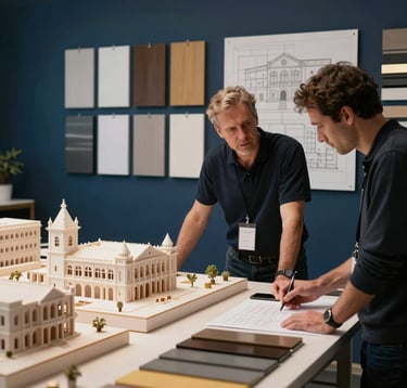 European / Portuguese architectural design studio with architects examining building models, sleek material samples, and elevation plans. Dark blue background tone with subtle warm gold lighting.