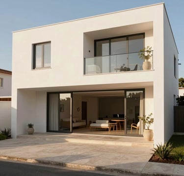 Panoramic view of a modern renovated residence in Portugal, showcasing seamless interior design, structural excellence, bright warm daylight, off-white exterior walls, clean design lines.