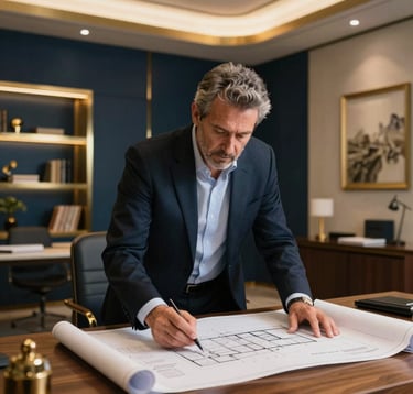 A professional portrait of an architect and real estate developer reviewing architectural blueprints on a wooden desk in a modern Portuguese office setting, warm lighting, elegant luxury decor with dark blue and warm gold accents, European / Portuguese visual context.
