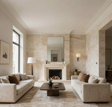 An interior view of a newly renovated luxury apartment in Lisbon, showing clean architectural details, high-end natural stone materials, bright lighting, elegant modern furniture, European / Portuguese architectural photography.